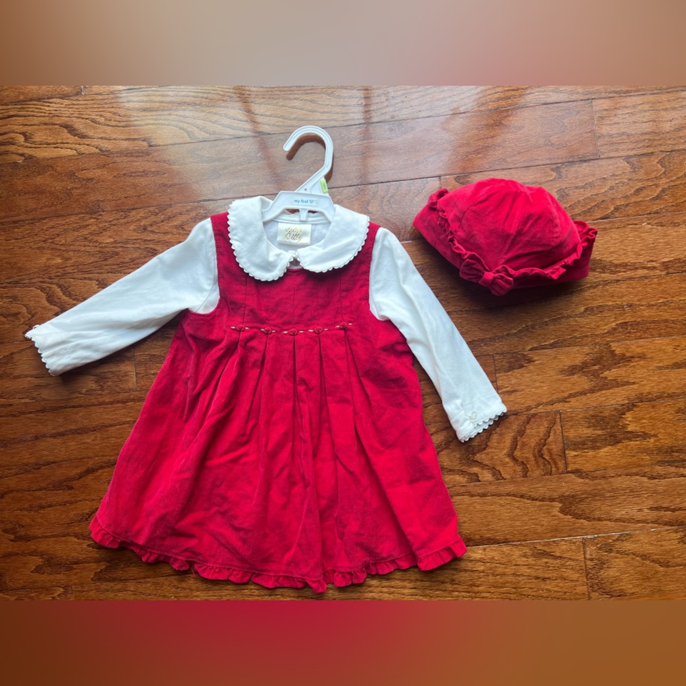 Red Baby Dress with White Peter Pan Collar and Matching Hat